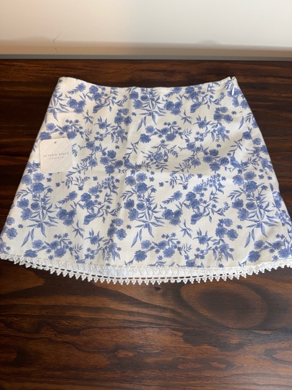 Altar'd State White Mini Skirt with Blue Floral Print